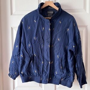 ABVIEN Vintage 90s 100% Silk Bomber Jacket Navy Blue Gold Leaf Embroidered M